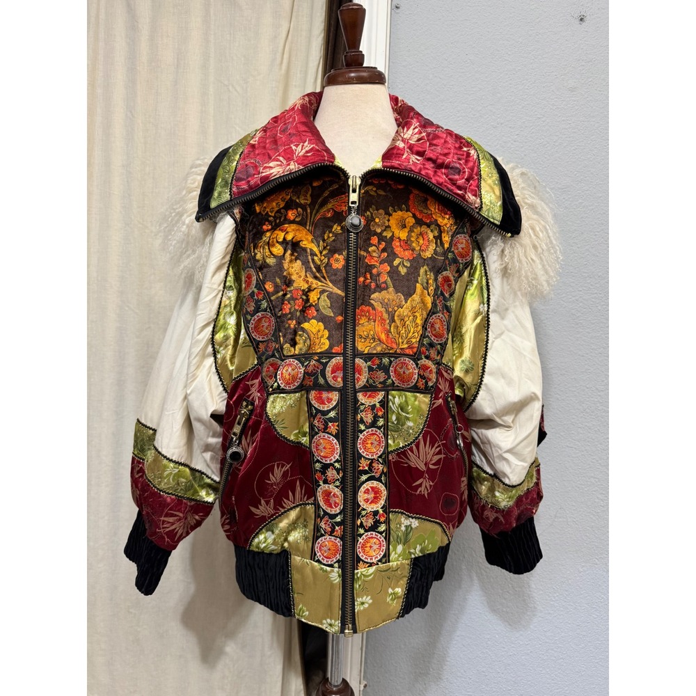 Vintage 80s Gallery Patchwork Bomber Jacket Mongolian Fur Collar Floral S Multi